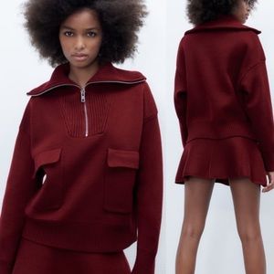 Zara Women Burgandy Knit Zip Sweater Relaxed Fit Wool Blend Size Medium
